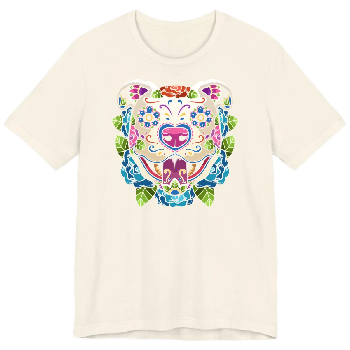 Vibrant Floral Sugar Skull Dog Calavera Premium T-Shirt in Natural