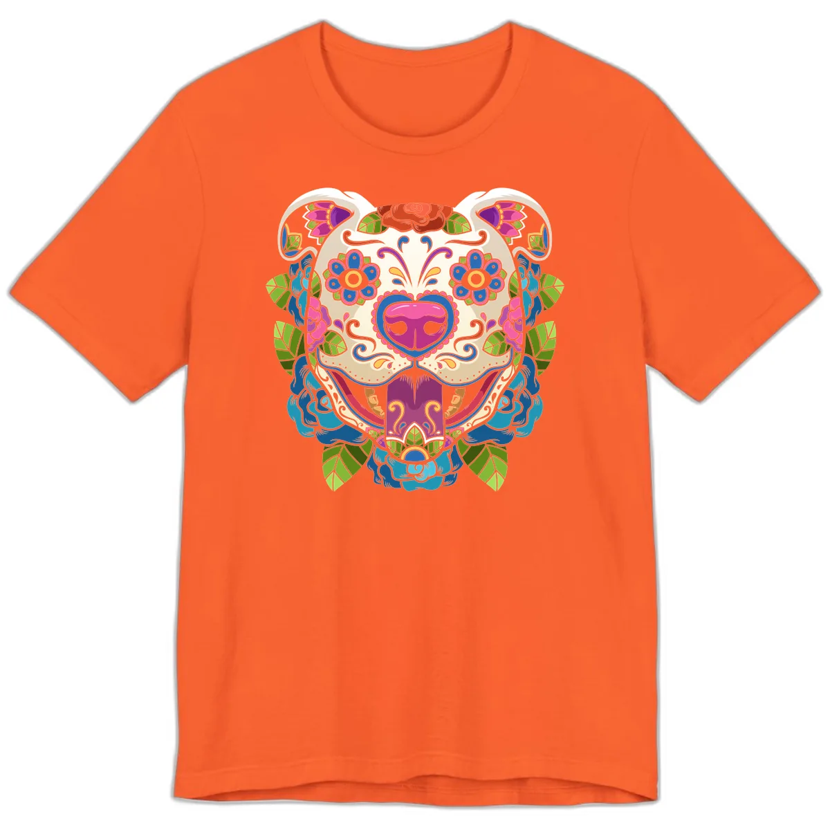 Vibrant Floral Sugar Skull Dog Calavera Premium T-Shirt in Orange