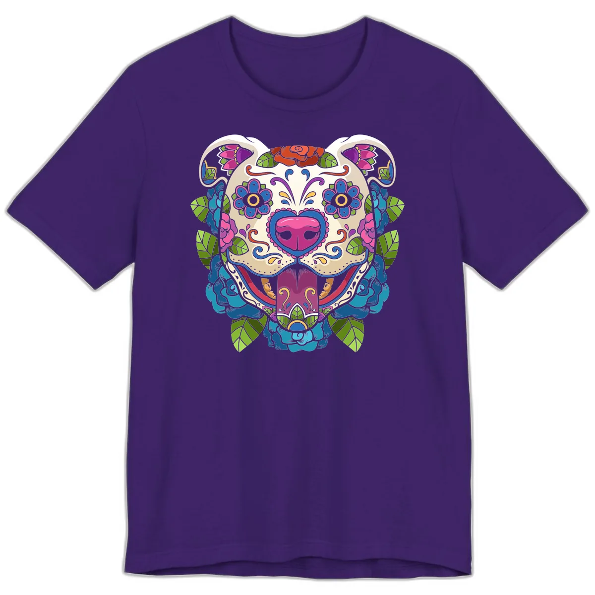 Vibrant Floral Sugar Skull Dog Calavera Premium T-Shirt in Team Purple