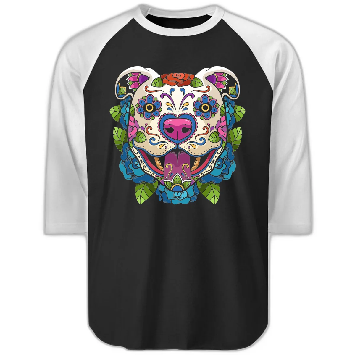 Vibrant Floral Sugar Skull Dog Calavera Raglan 3/4 in Black White
