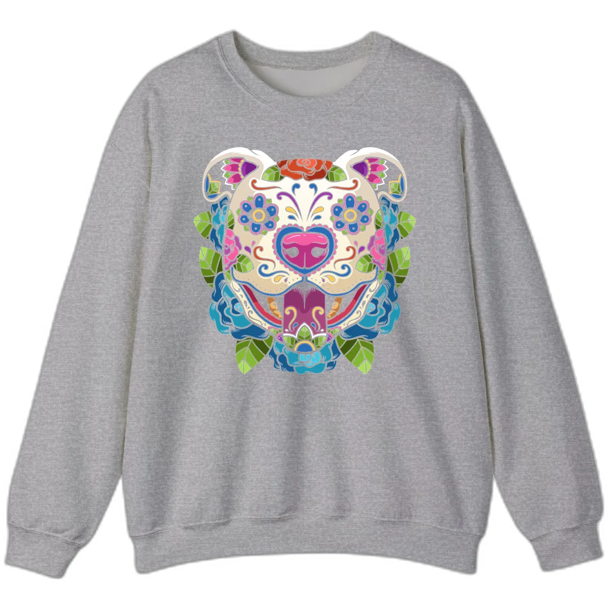 Vibrant Floral Sugar Skull Dog Calavera Sweatshirt in Sport Grey