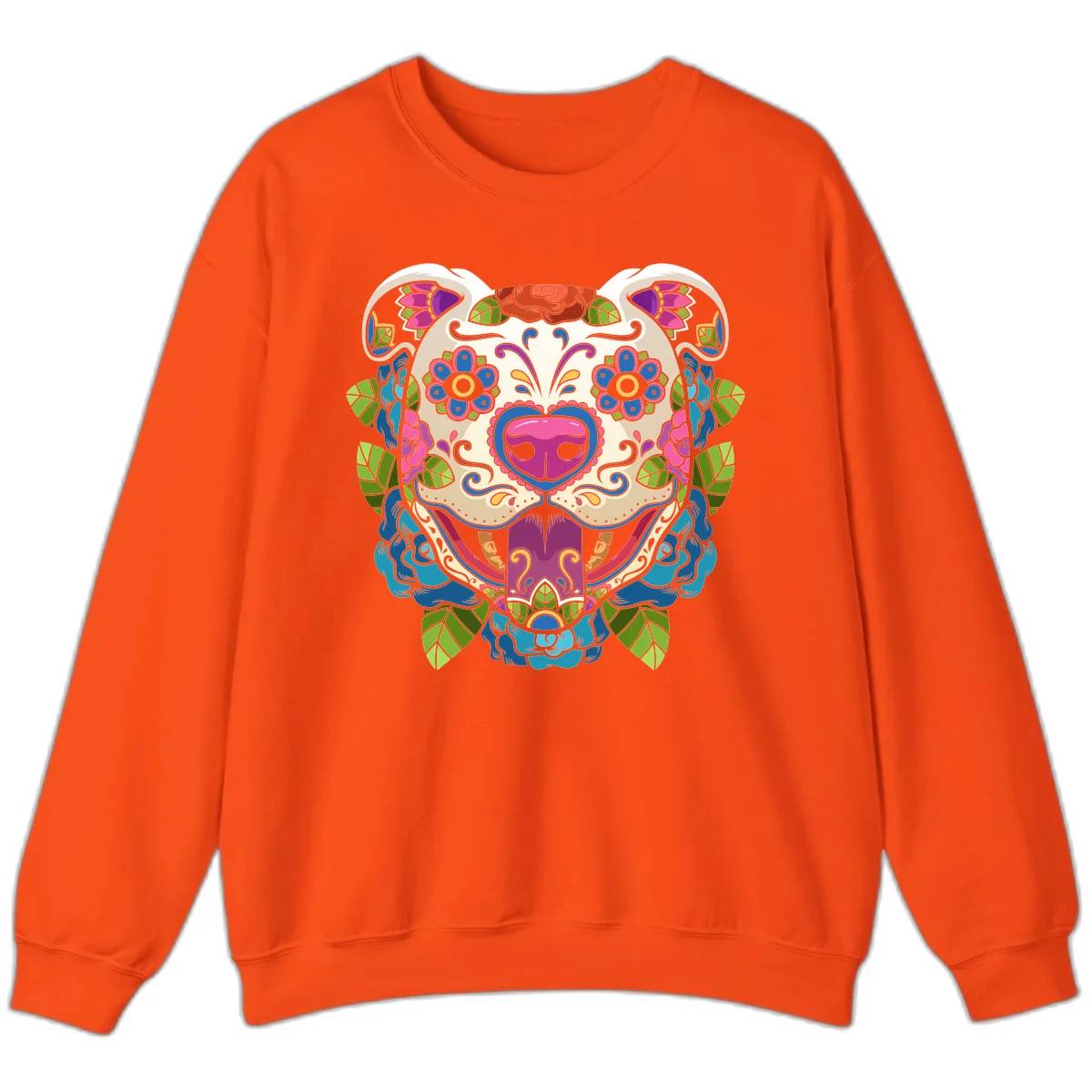 Vibrant Floral Sugar Skull Dog Calavera Sweatshirt in Orange