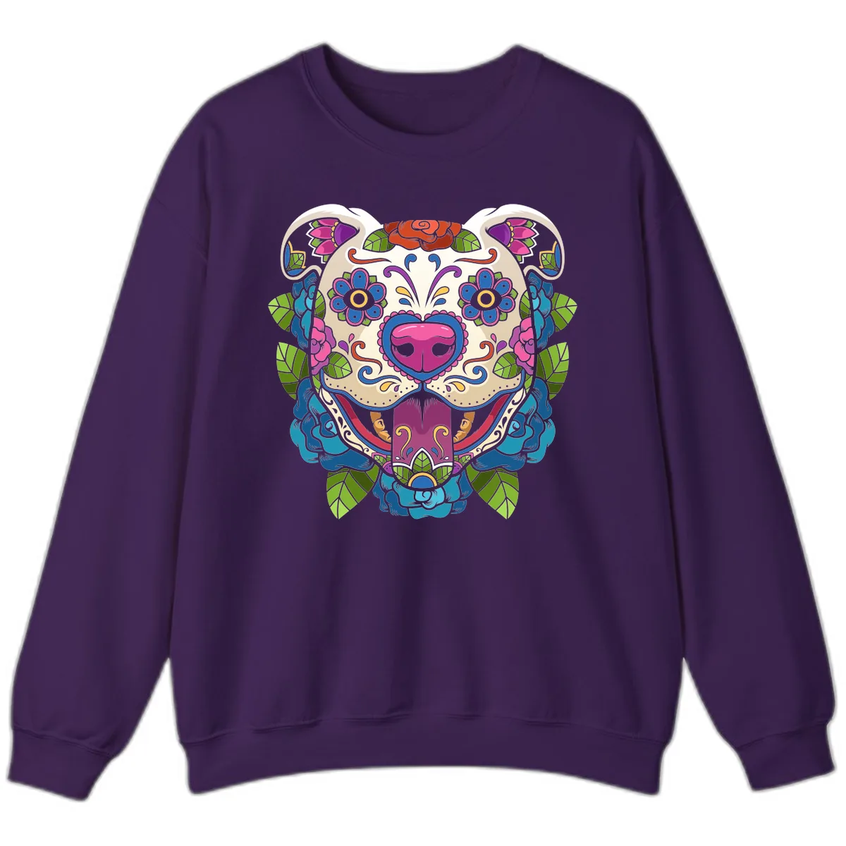 Vibrant Floral Sugar Skull Dog Calavera Sweatshirt in Purple
