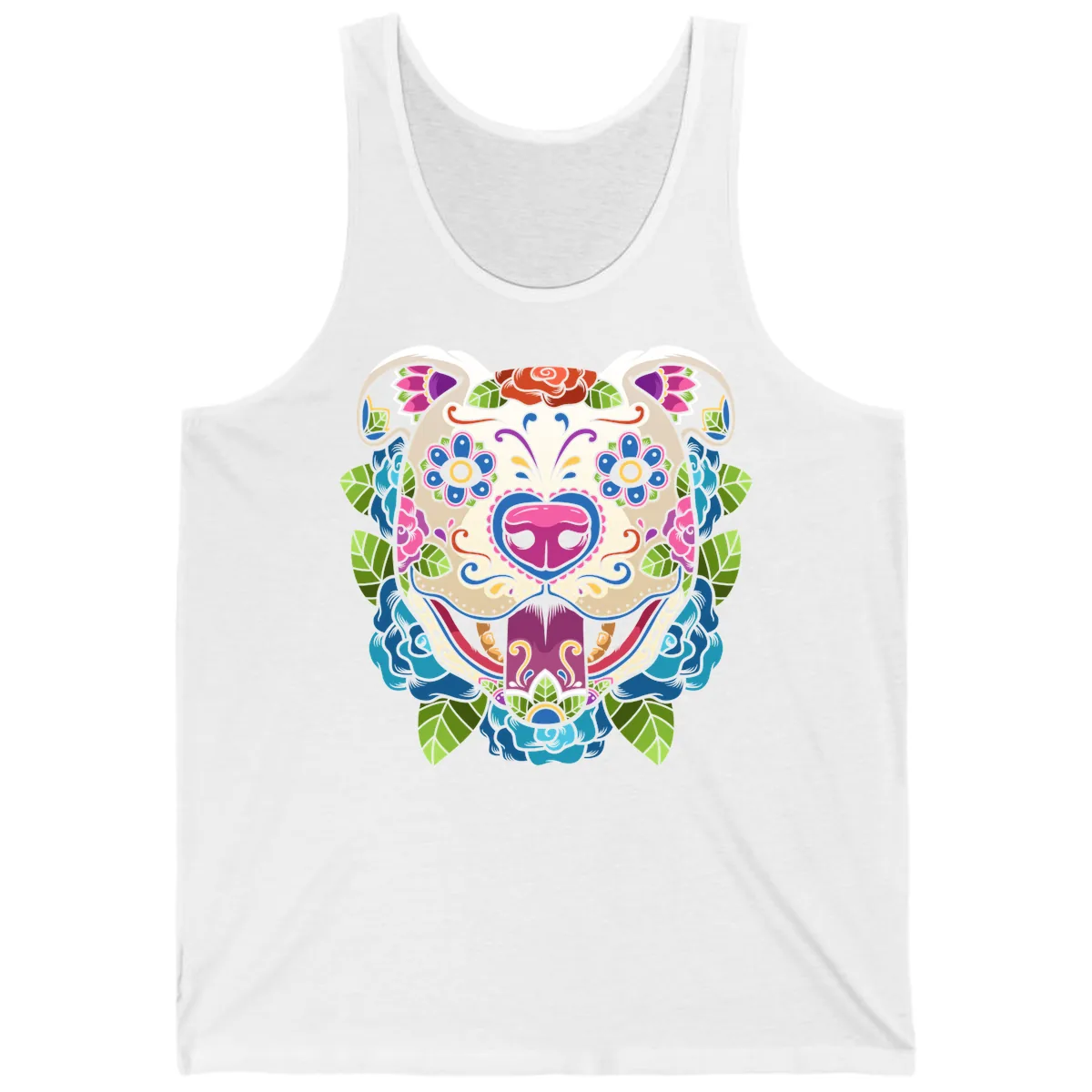 Vibrant Floral Sugar Skull Dog Calavera Tank in White