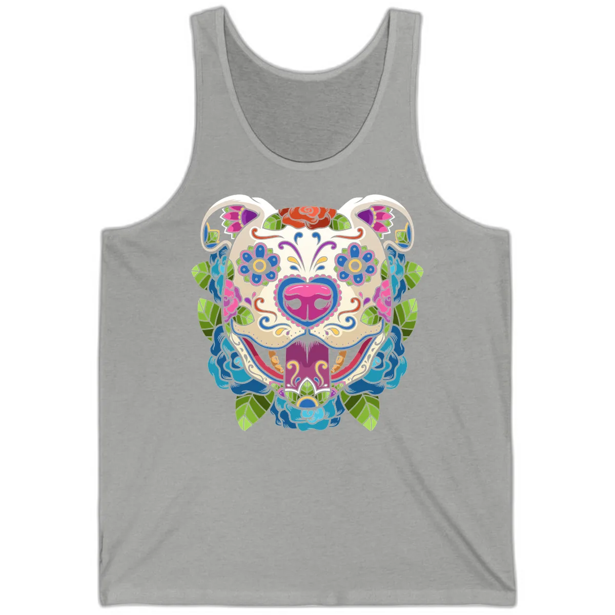 Vibrant Floral Sugar Skull Dog Calavera Tank in Athletic Heather