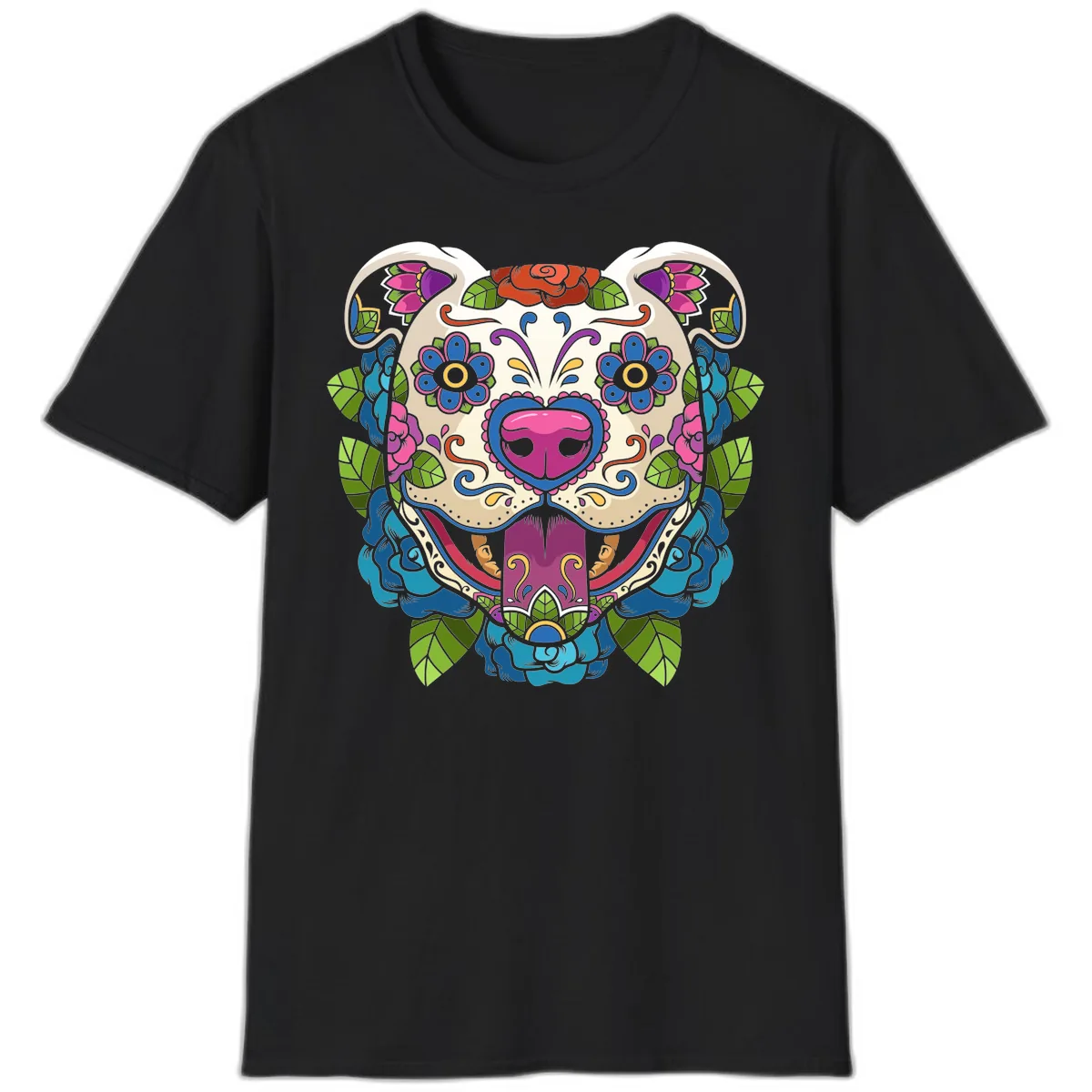 Vibrant Floral Sugar Skull Dog Calavera T-Shirt in Black