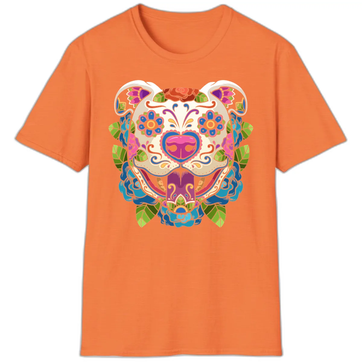 Vibrant Floral Sugar Skull Dog Calavera T-Shirt in Heather Orange
