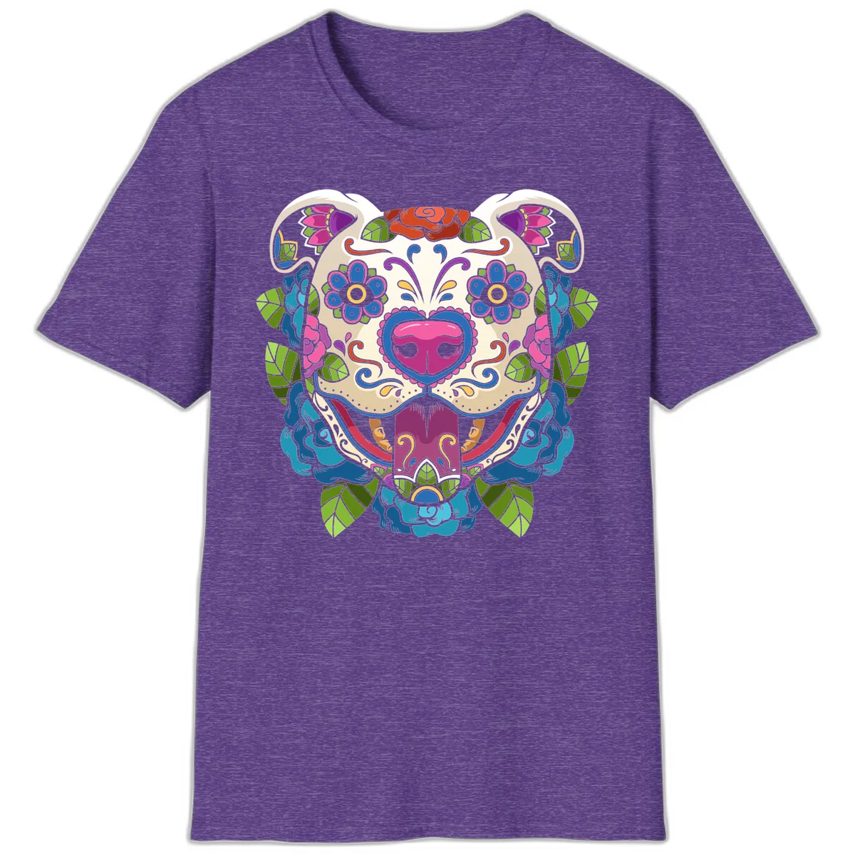 Vibrant Floral Sugar Skull Dog Calavera T-Shirt in Heather Purple