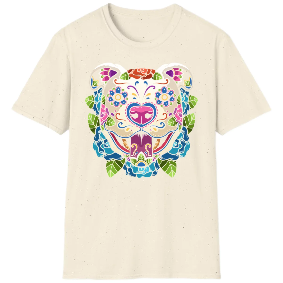 Vibrant Floral Sugar Skull Dog Calavera T-Shirt in Natural
