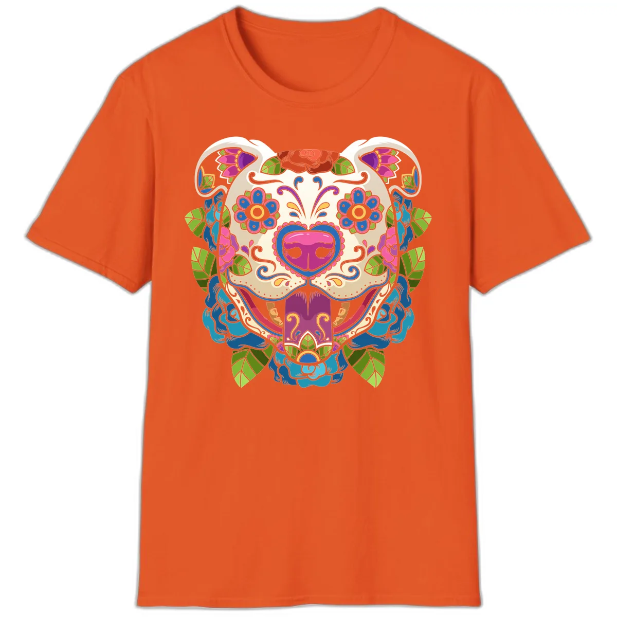 Vibrant Floral Sugar Skull Dog Calavera T-Shirt in Orange