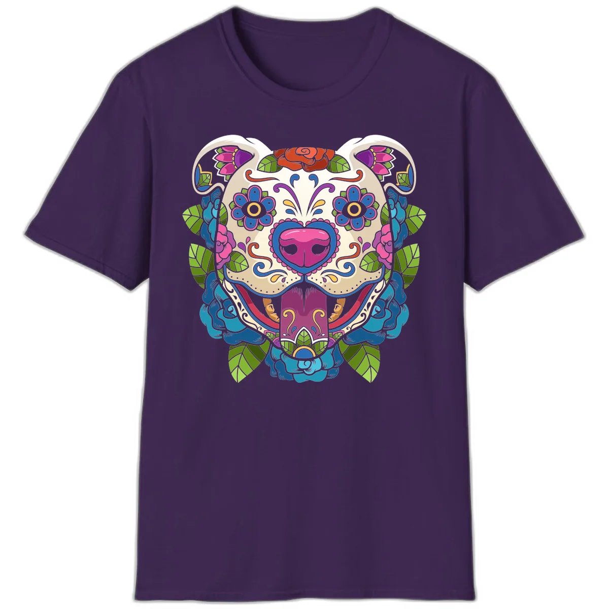 Vibrant Floral Sugar Skull Dog Calavera T-Shirt in Purple
