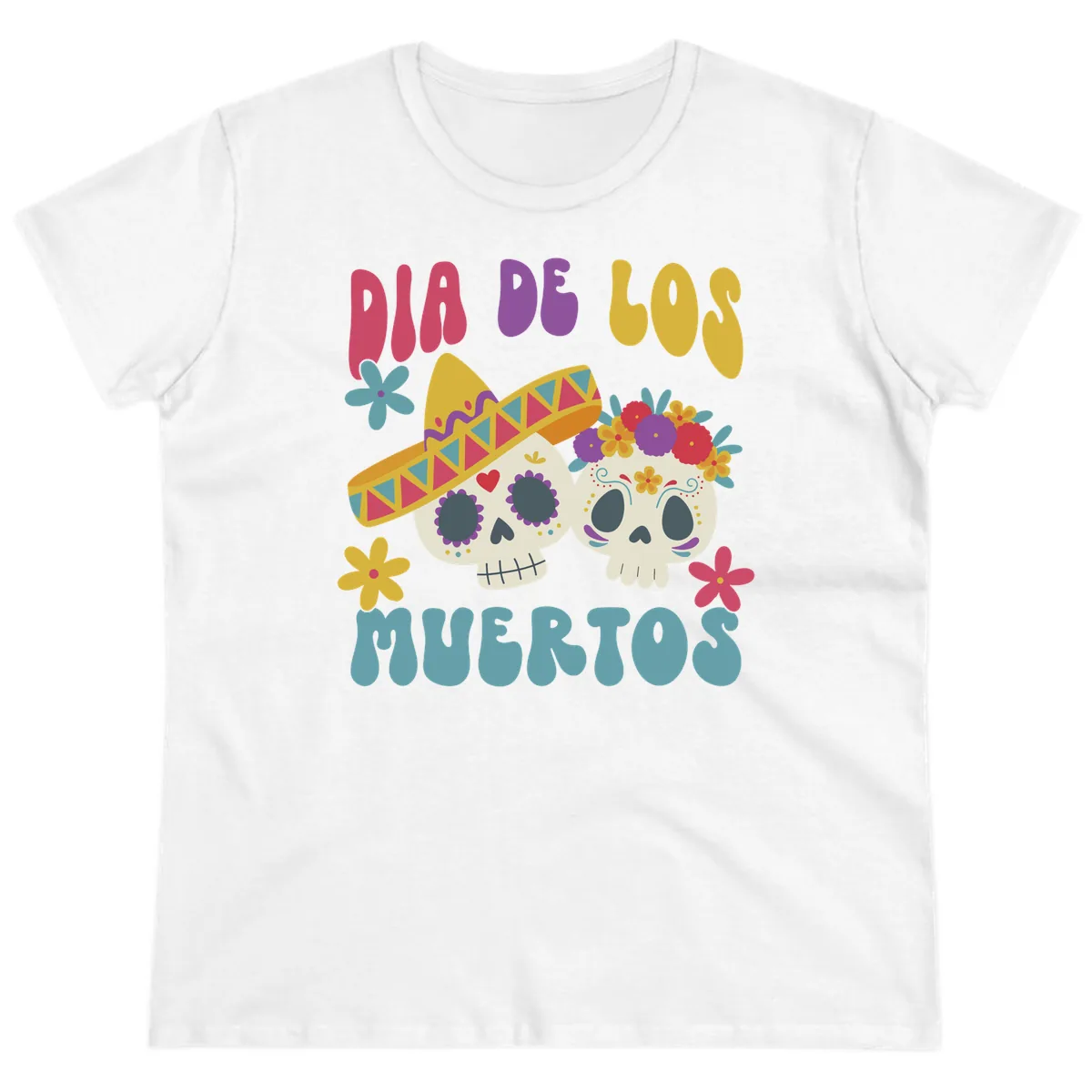 Vibrant Dia De Los Muertos Sugar Skulls Ladies Tee in White