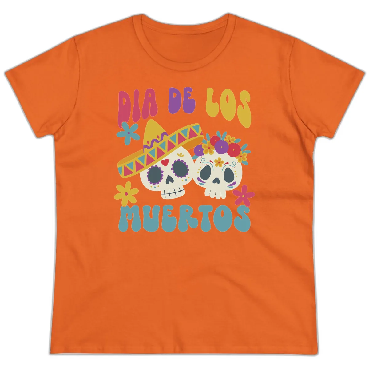 Vibrant Dia De Los Muertos Sugar Skulls Ladies Tee in Orange