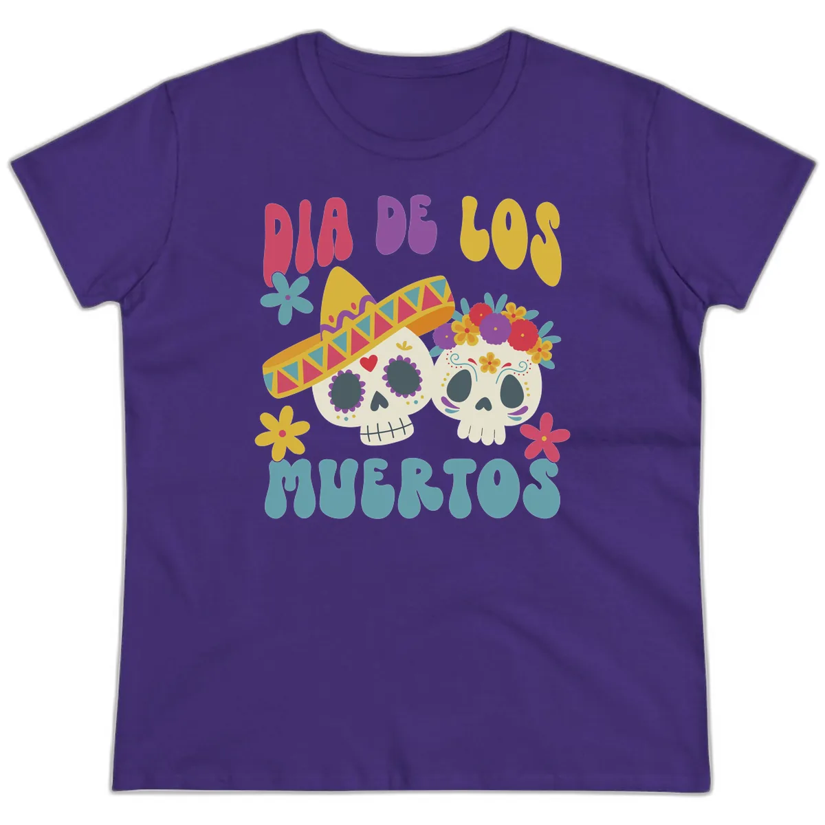 Vibrant Dia De Los Muertos Sugar Skulls Ladies Tee in Purple