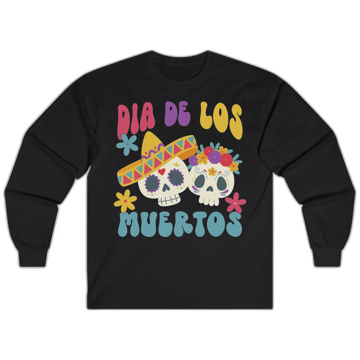 Vibrant Dia De Los Muertos Sugar Skulls Long Sleeve in Black