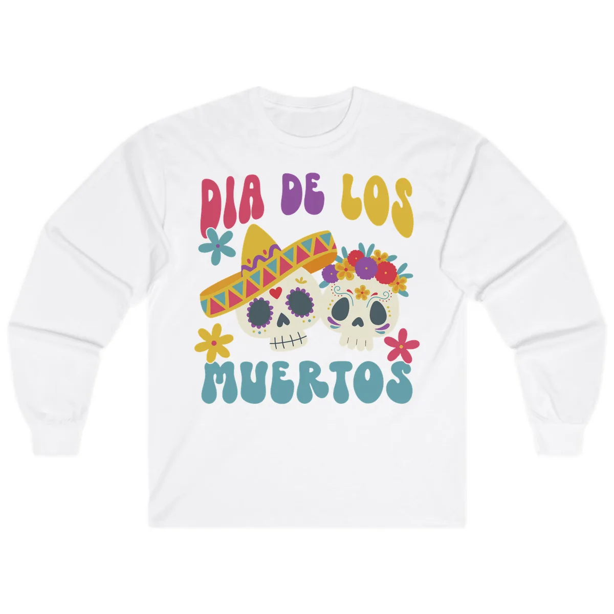 Vibrant Dia De Los Muertos Sugar Skulls Long Sleeve in White
