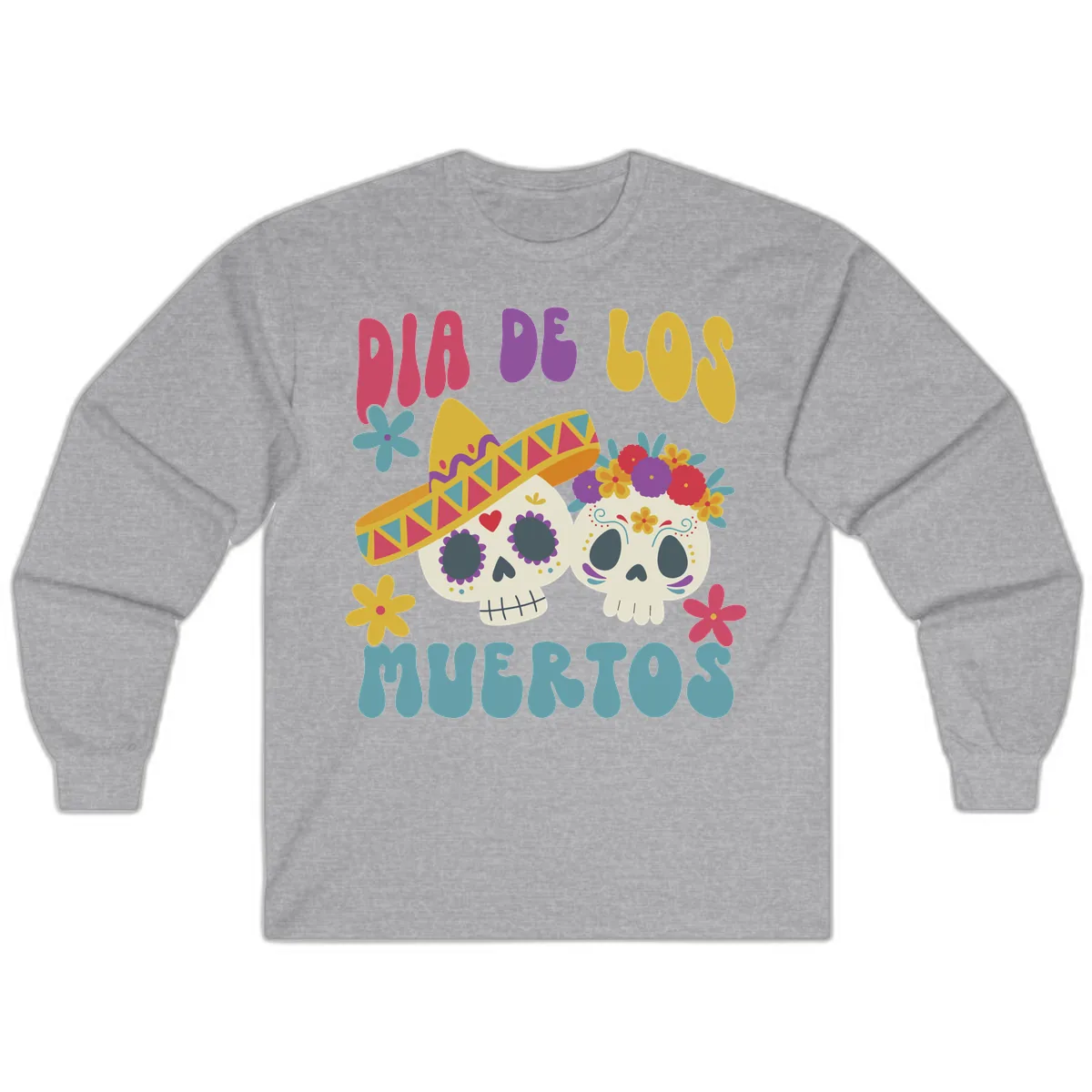 Vibrant Dia De Los Muertos Sugar Skulls Long Sleeve in Sport Grey