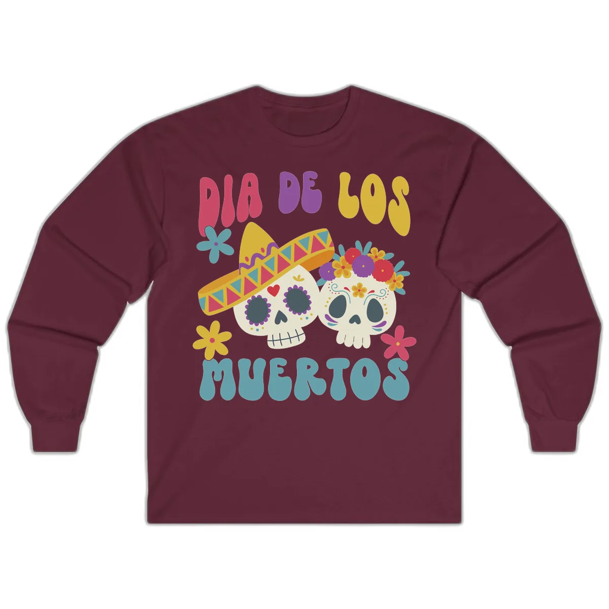 Vibrant Dia De Los Muertos Sugar Skulls Long Sleeve in Maroon
