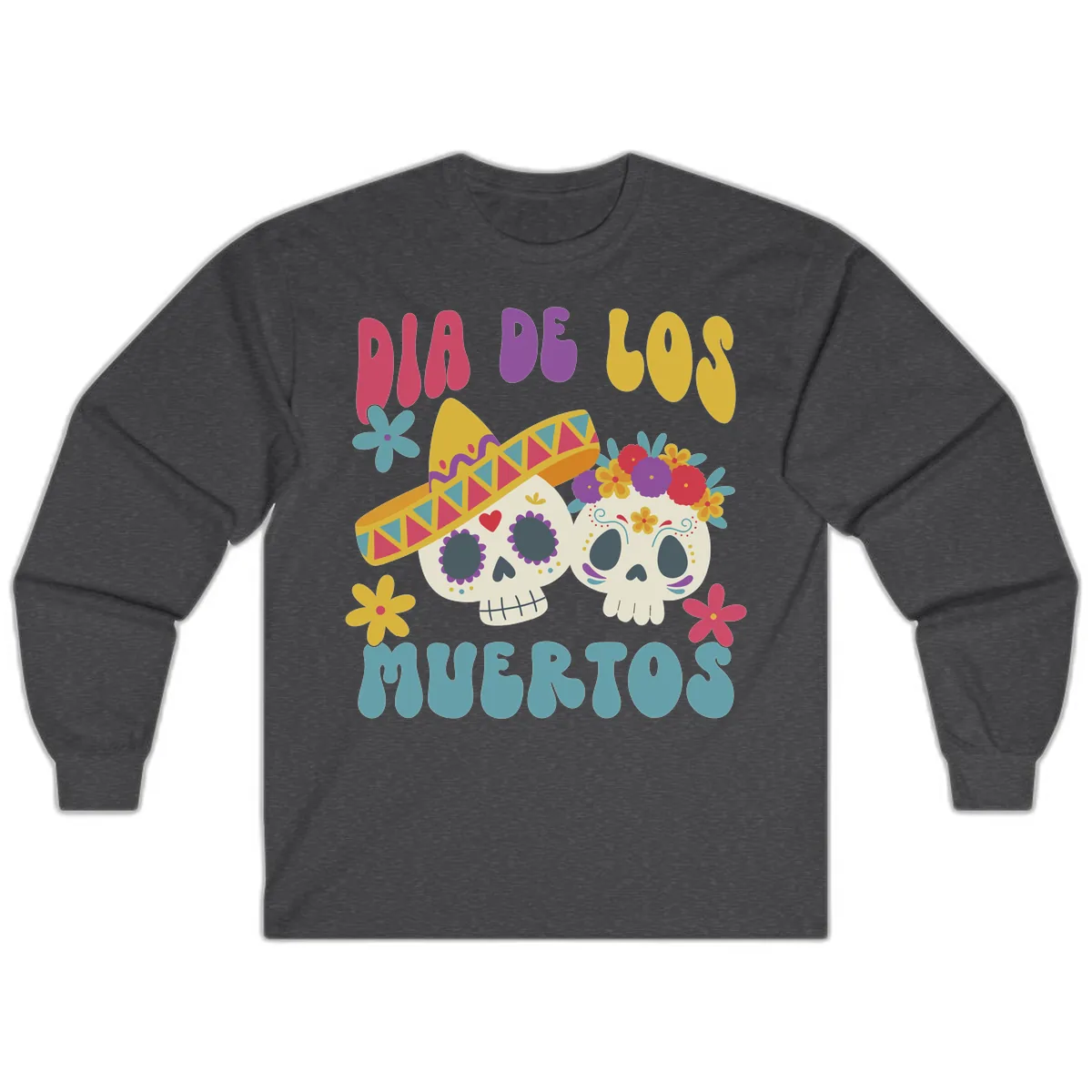 Vibrant Dia De Los Muertos Sugar Skulls Long Sleeve in Dark Heather