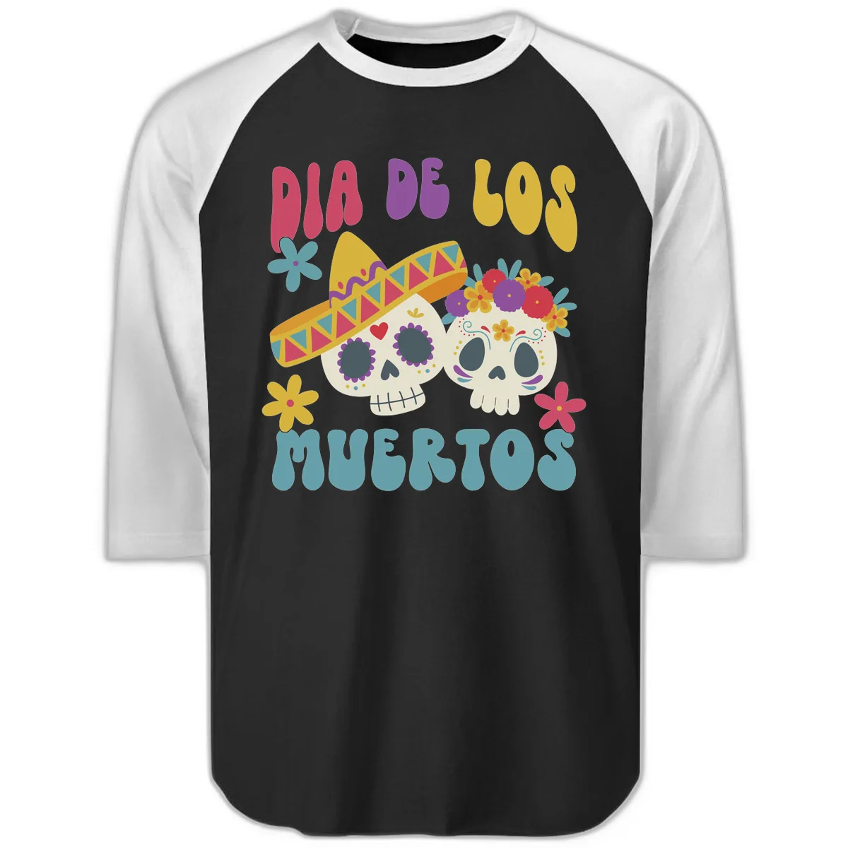 Vibrant Dia De Los Muertos Sugar Skulls Raglan 3/4 in Black White