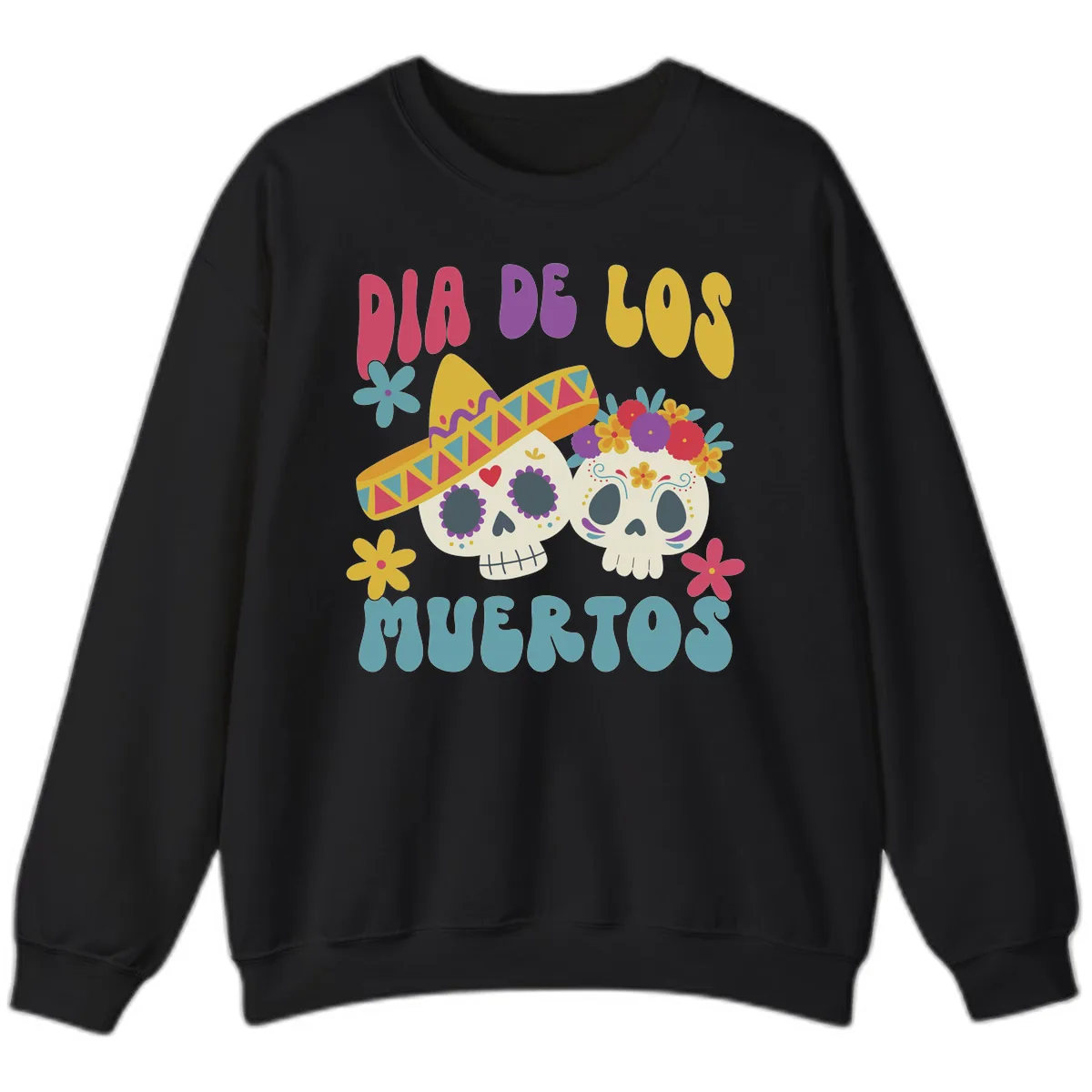 Vibrant Dia De Los Muertos Sugar Skulls Sweatshirt in Black