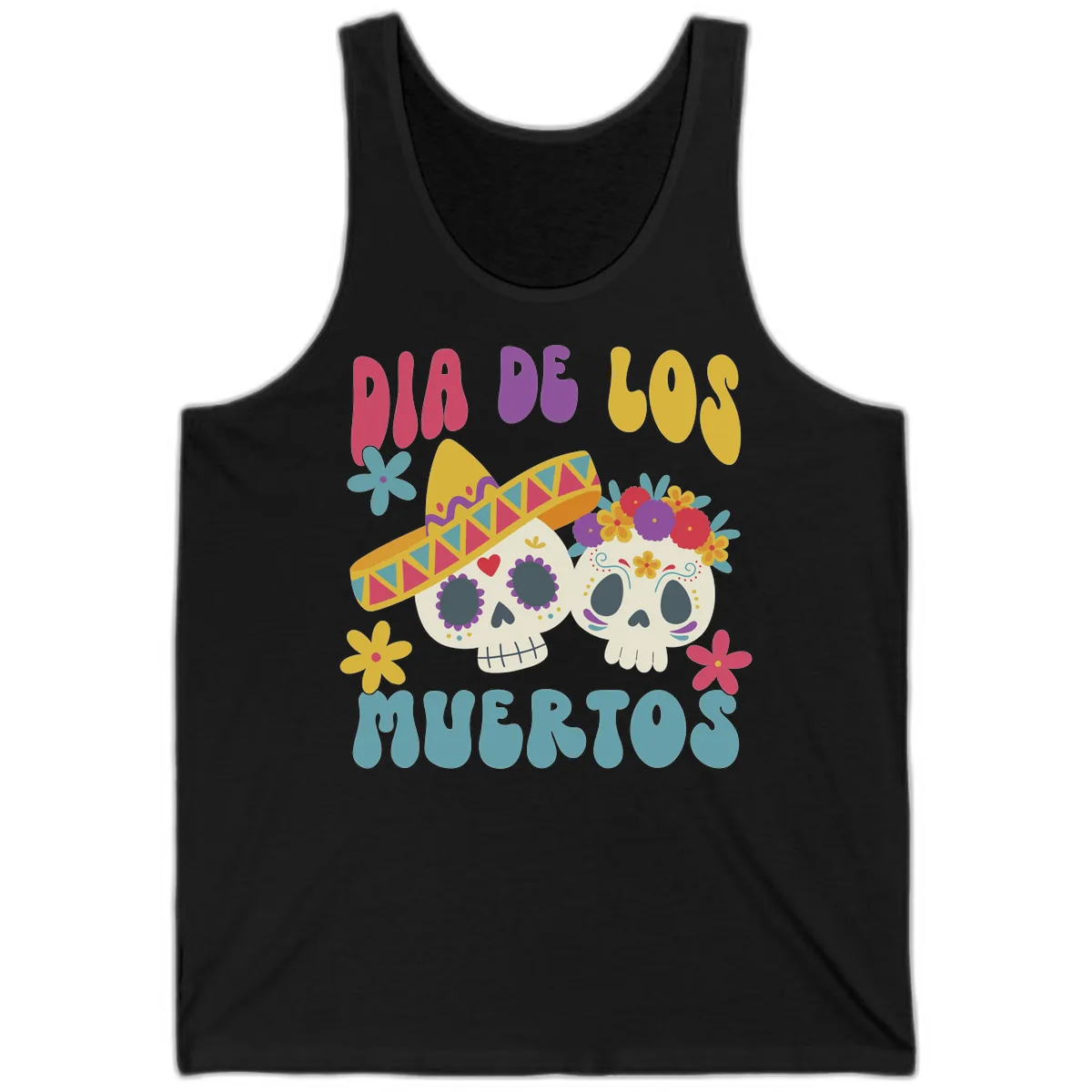 Vibrant Dia De Los Muertos Sugar Skulls Tank in Black