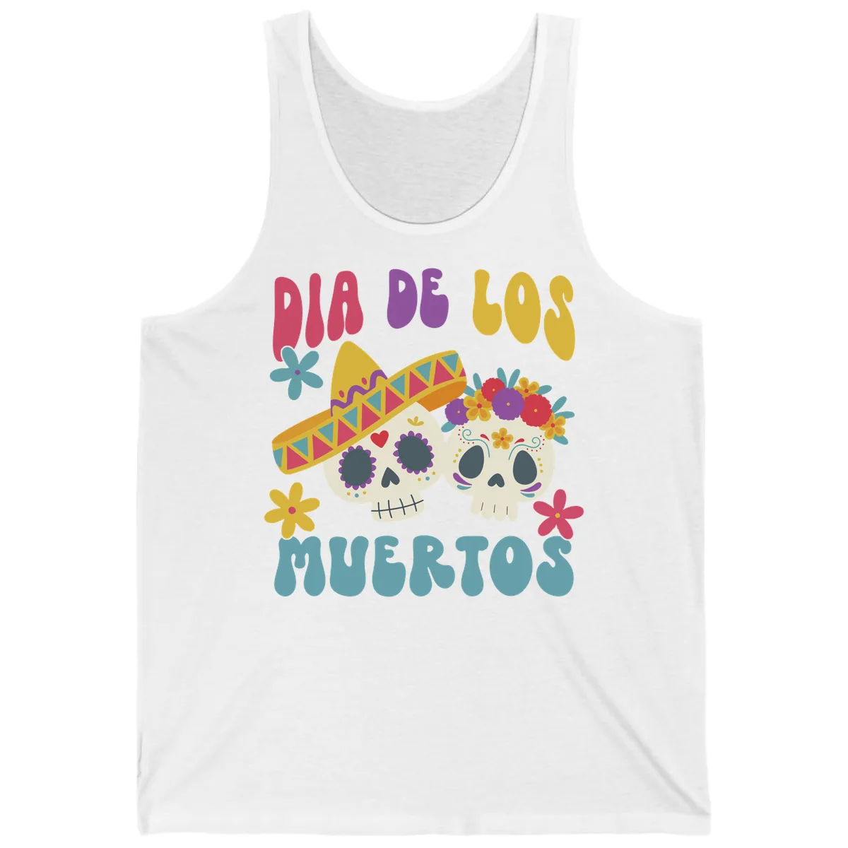 Vibrant Dia De Los Muertos Sugar Skulls Tank in White