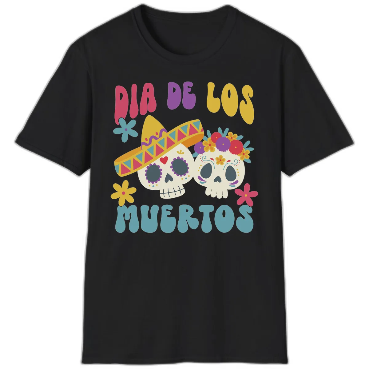 Vibrant Dia De Los Muertos Sugar Skulls T-Shirt in Black