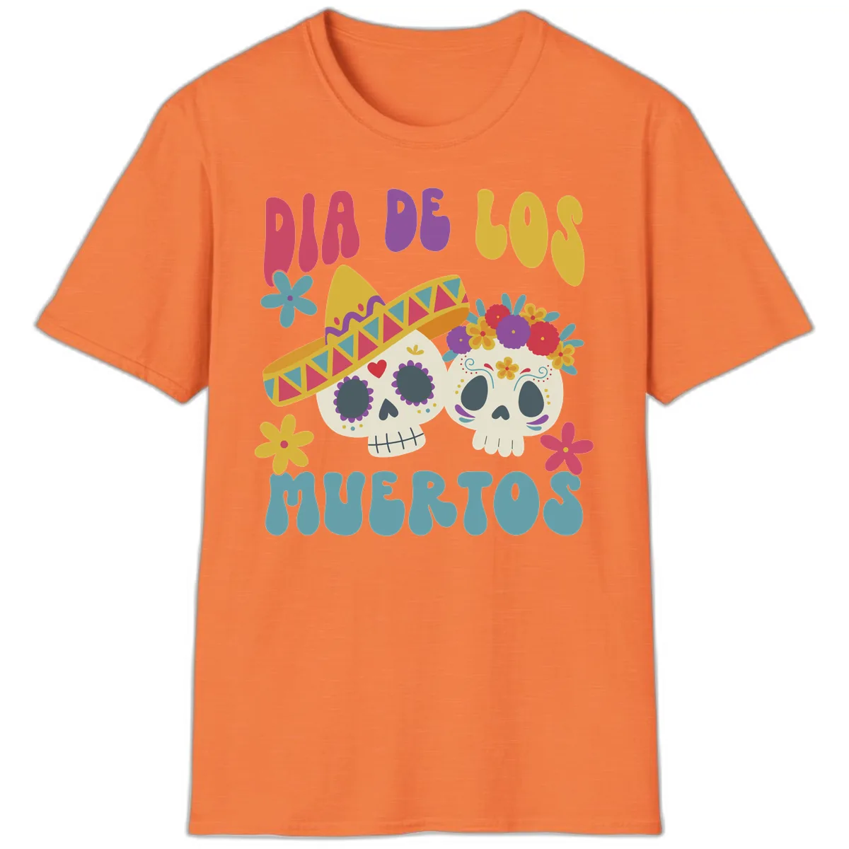 Vibrant Dia De Los Muertos Sugar Skulls T-Shirt in Heather Orange
