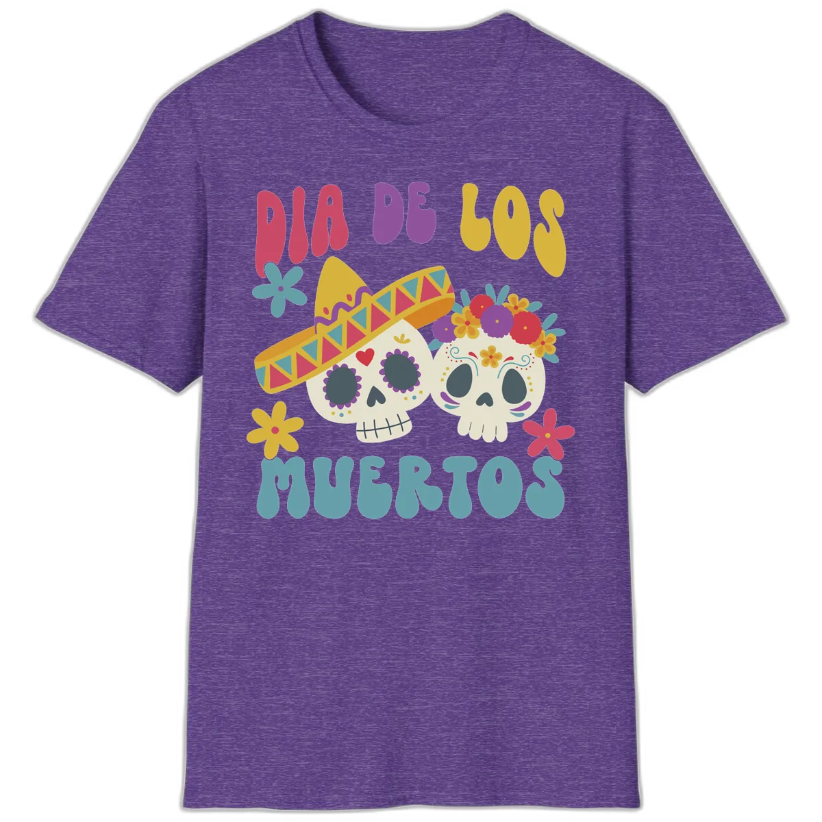 Vibrant Dia De Los Muertos Sugar Skulls T-Shirt in Heather Purple