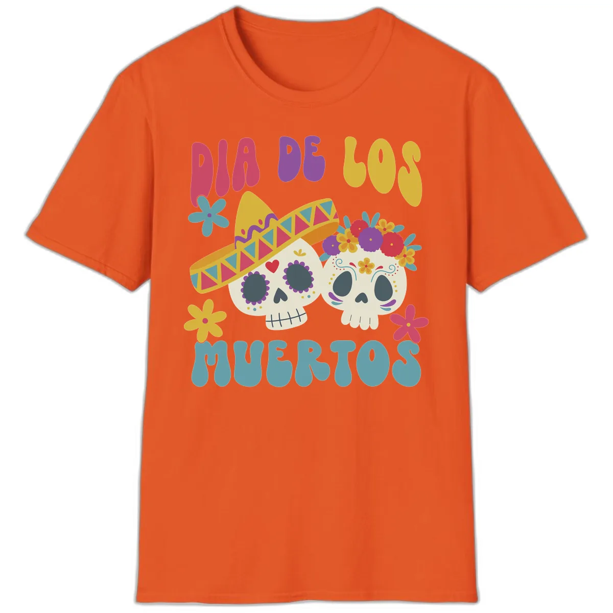 Vibrant Dia De Los Muertos Sugar Skulls T-Shirt in Orange