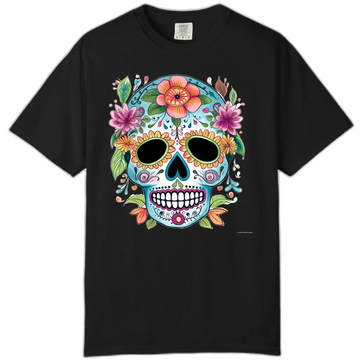 Vibrant Floral Calavera Skull Celebration Comfort Color in Black