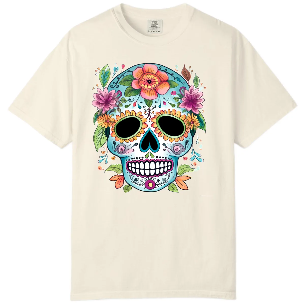Vibrant Floral Calavera Skull Celebration Comfort Color in Ivory