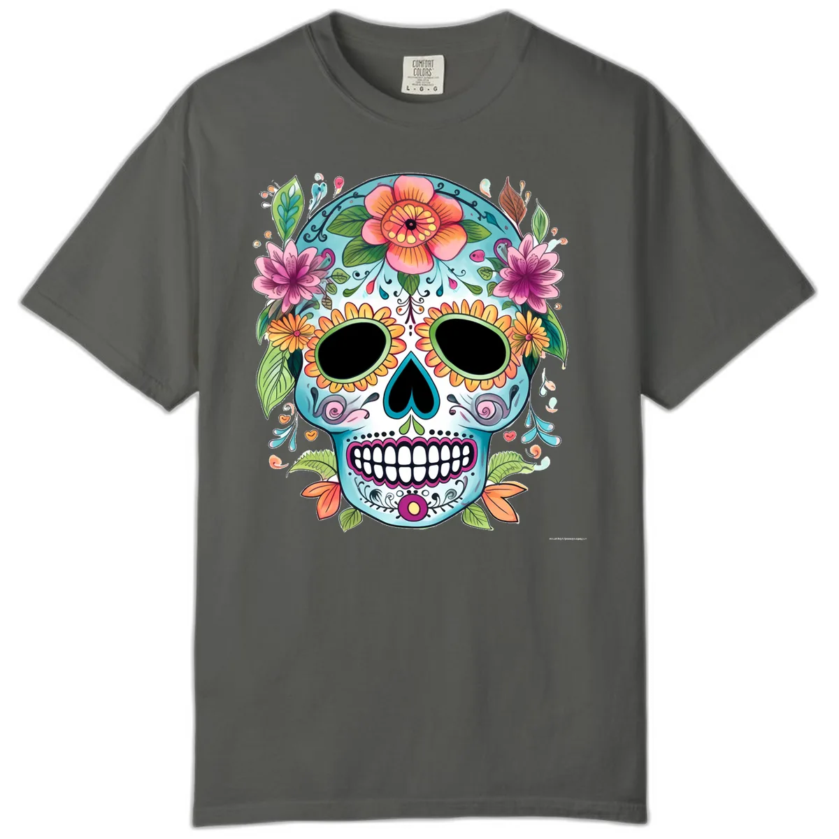 Vibrant Floral Calavera Skull Celebration Comfort Color in Pepper