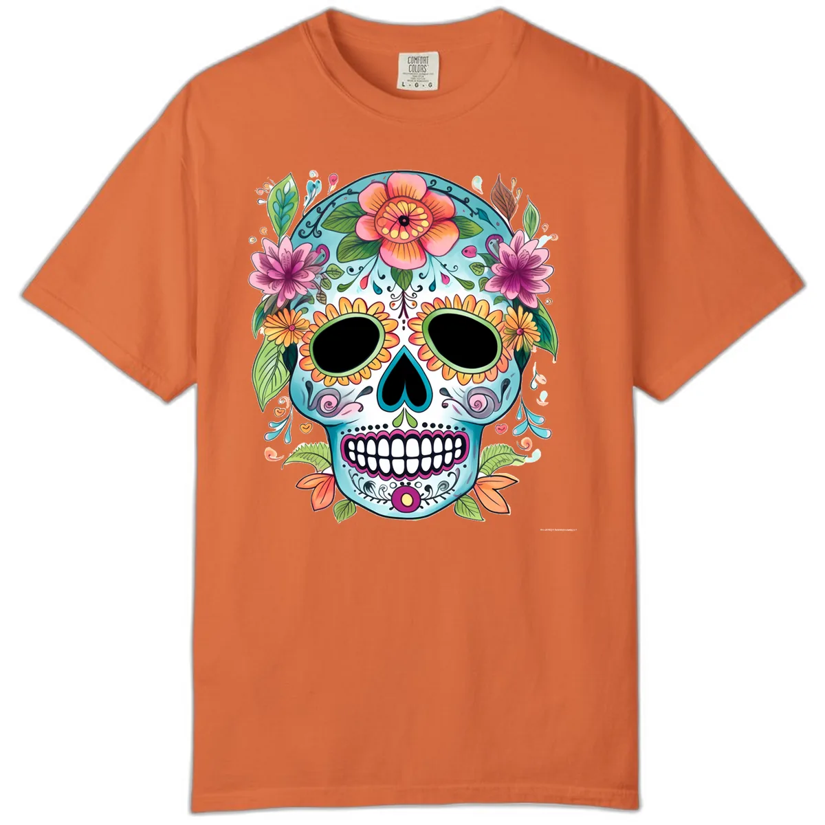 Vibrant Floral Calavera Skull Celebration Comfort Color in Burnt Orange