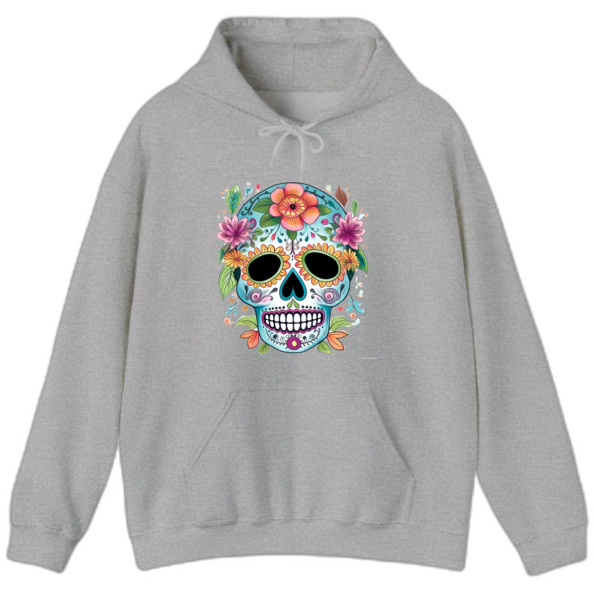 Vibrant Floral Calavera Skull Celebration Hoodie in Sport Grey