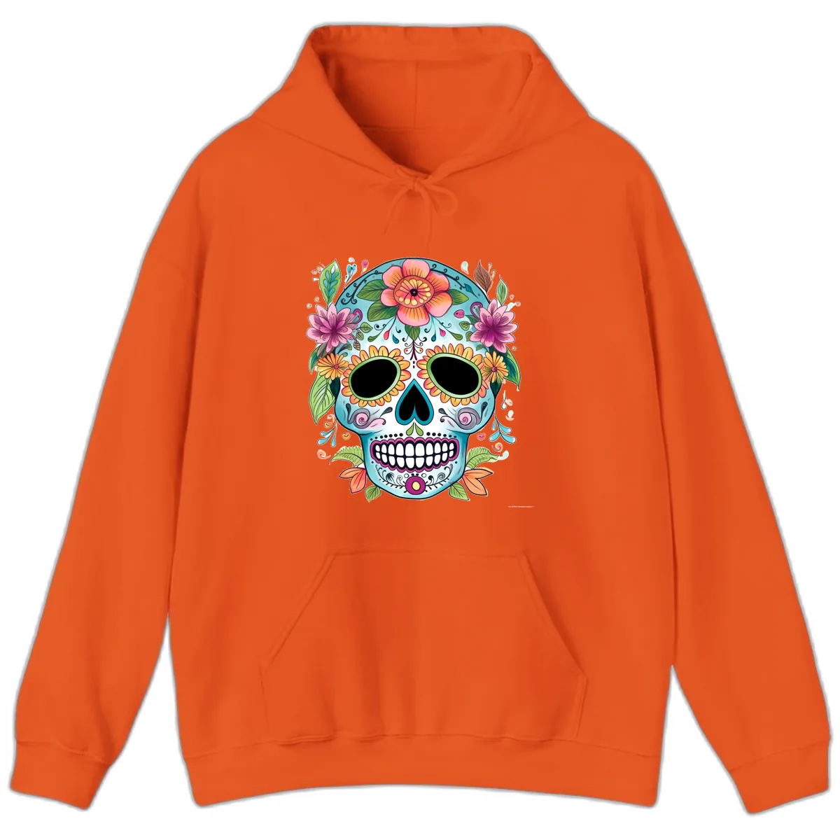Vibrant Floral Calavera Skull Celebration Hoodie in Orange
