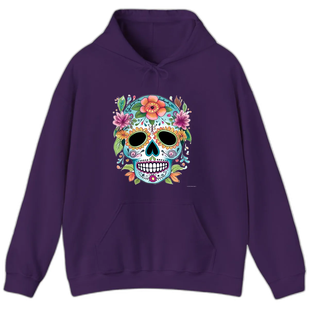 Vibrant Floral Calavera Skull Celebration Hoodie in Purple