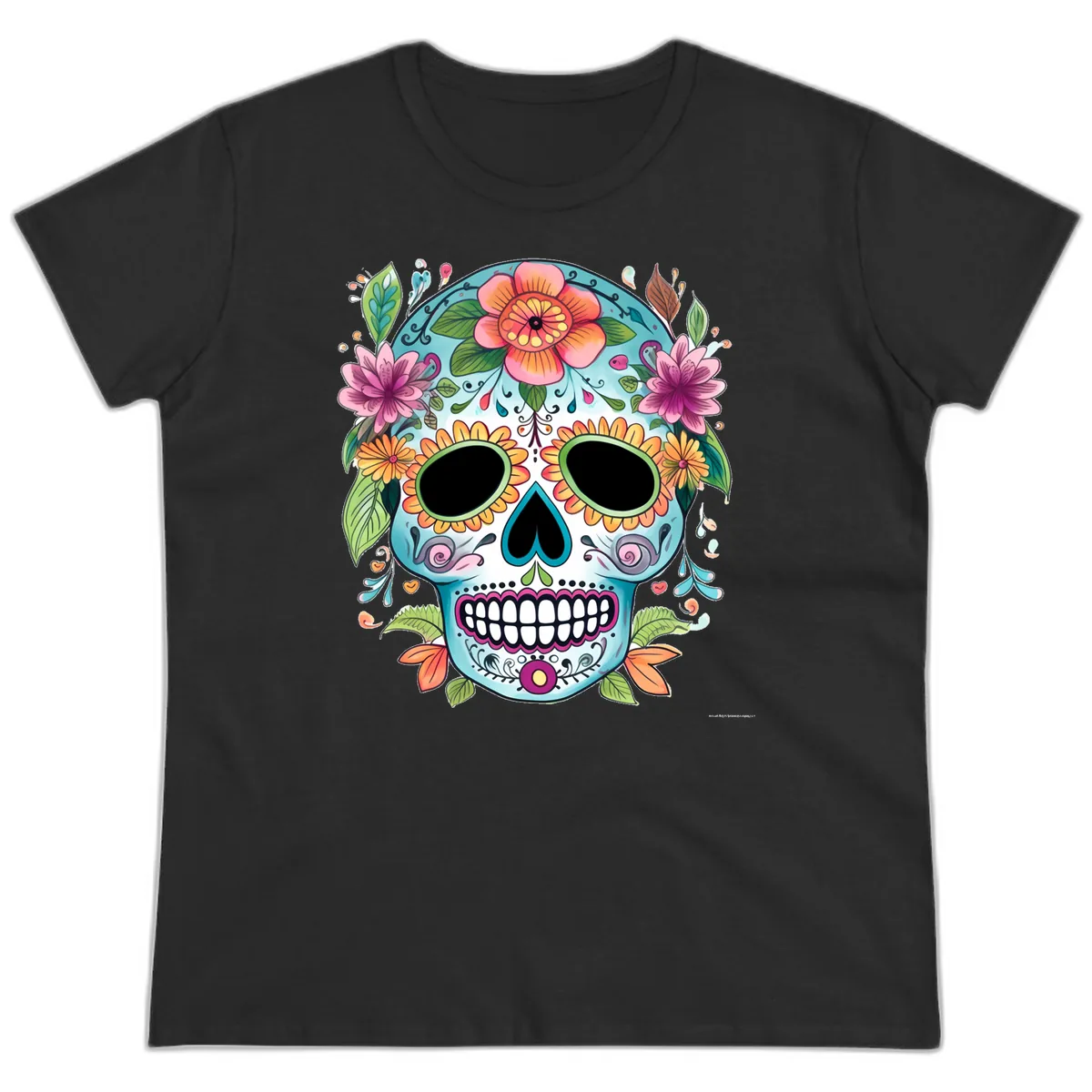 Vibrant Floral Calavera Skull Celebration Ladies Tee in Black