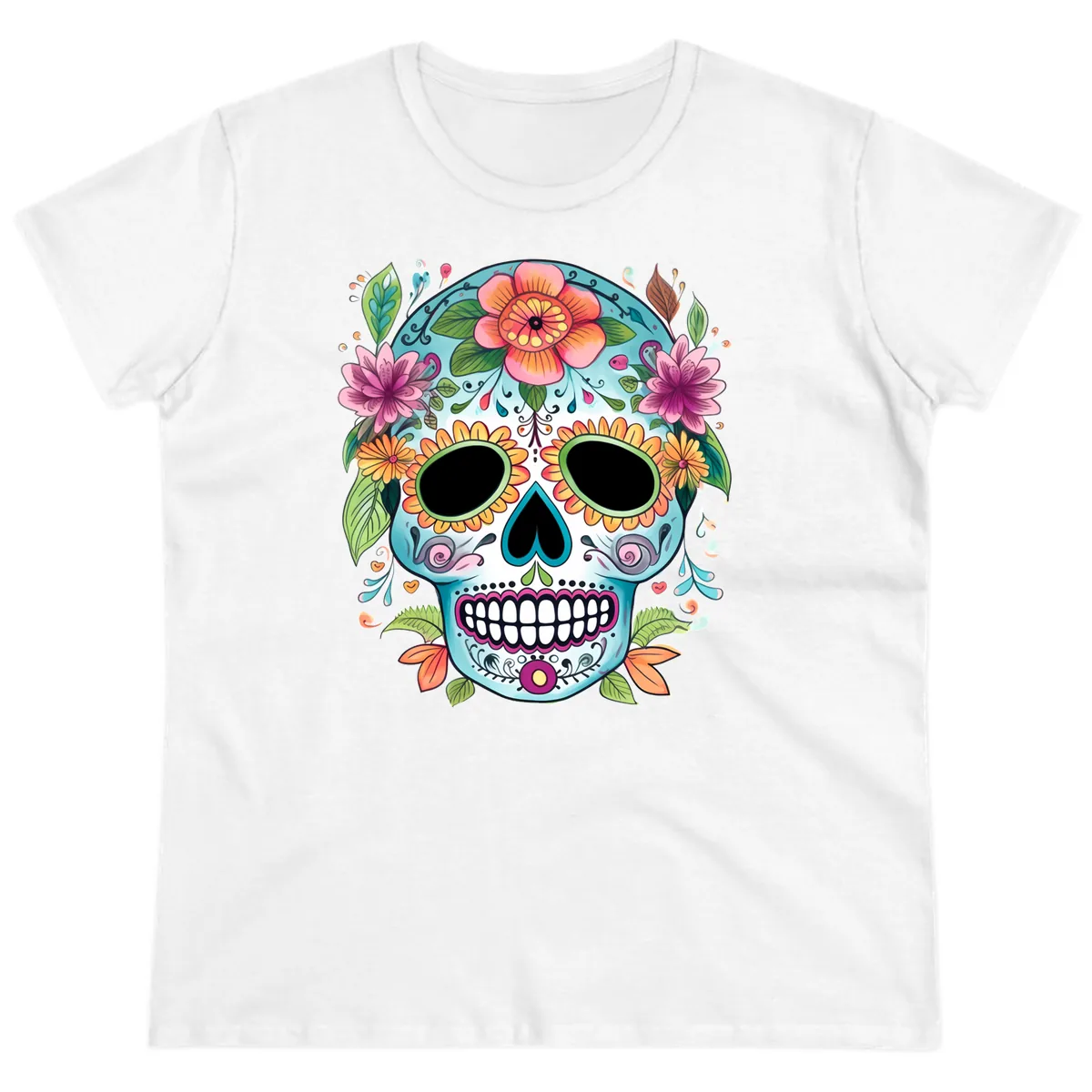 Vibrant Floral Calavera Skull Celebration Ladies Tee in White