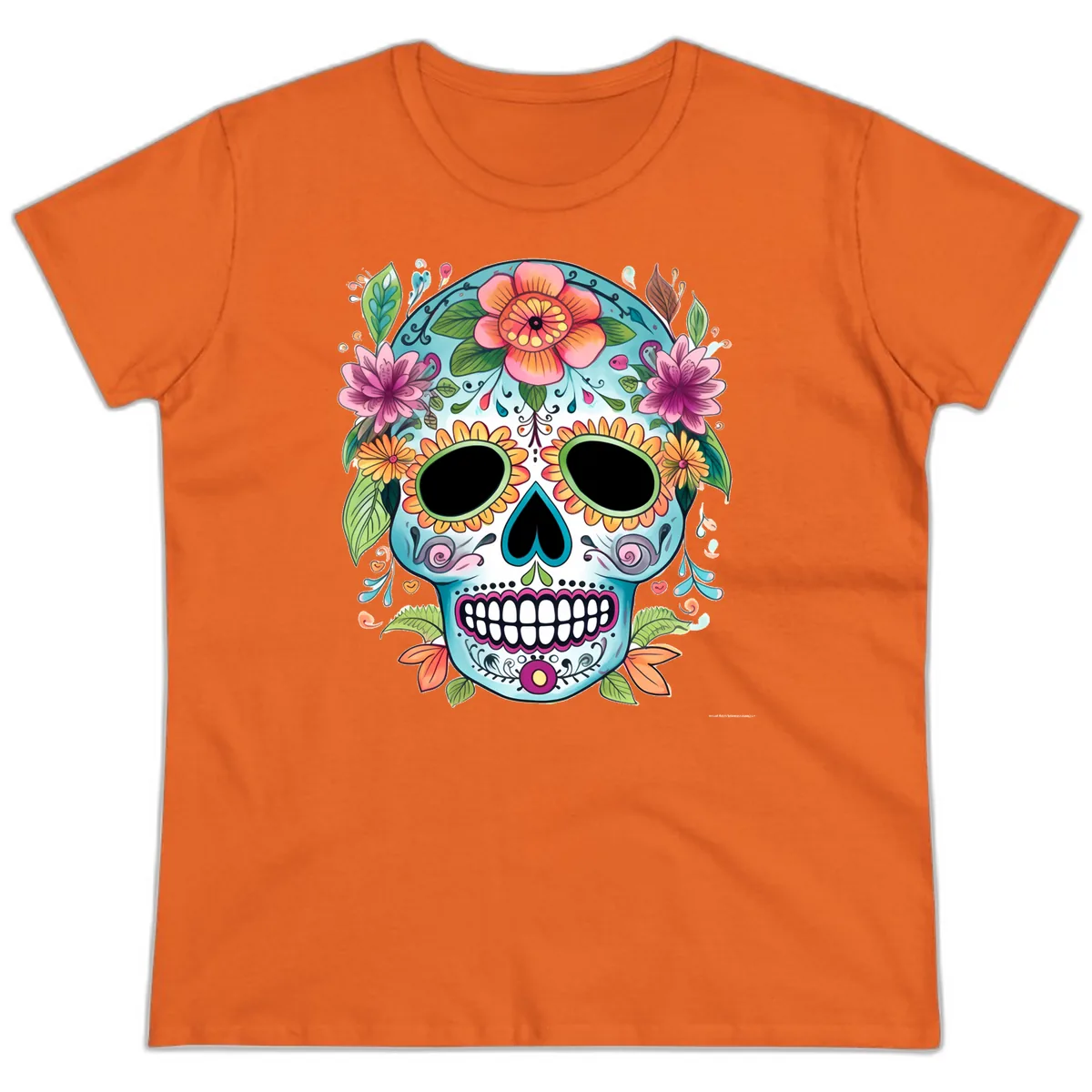 Vibrant Floral Calavera Skull Celebration Ladies Tee in Orange