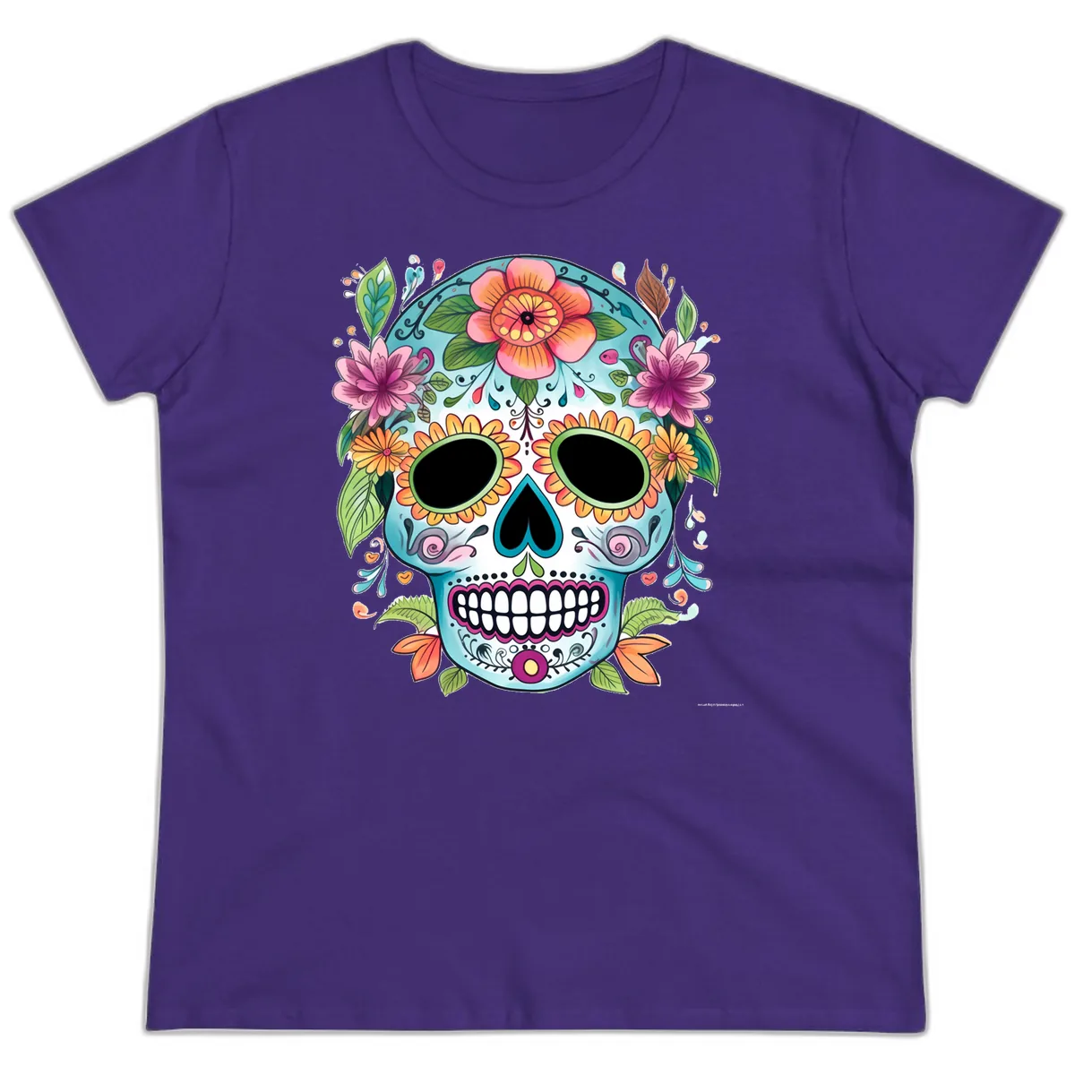Vibrant Floral Calavera Skull Celebration Ladies Tee in Purple
