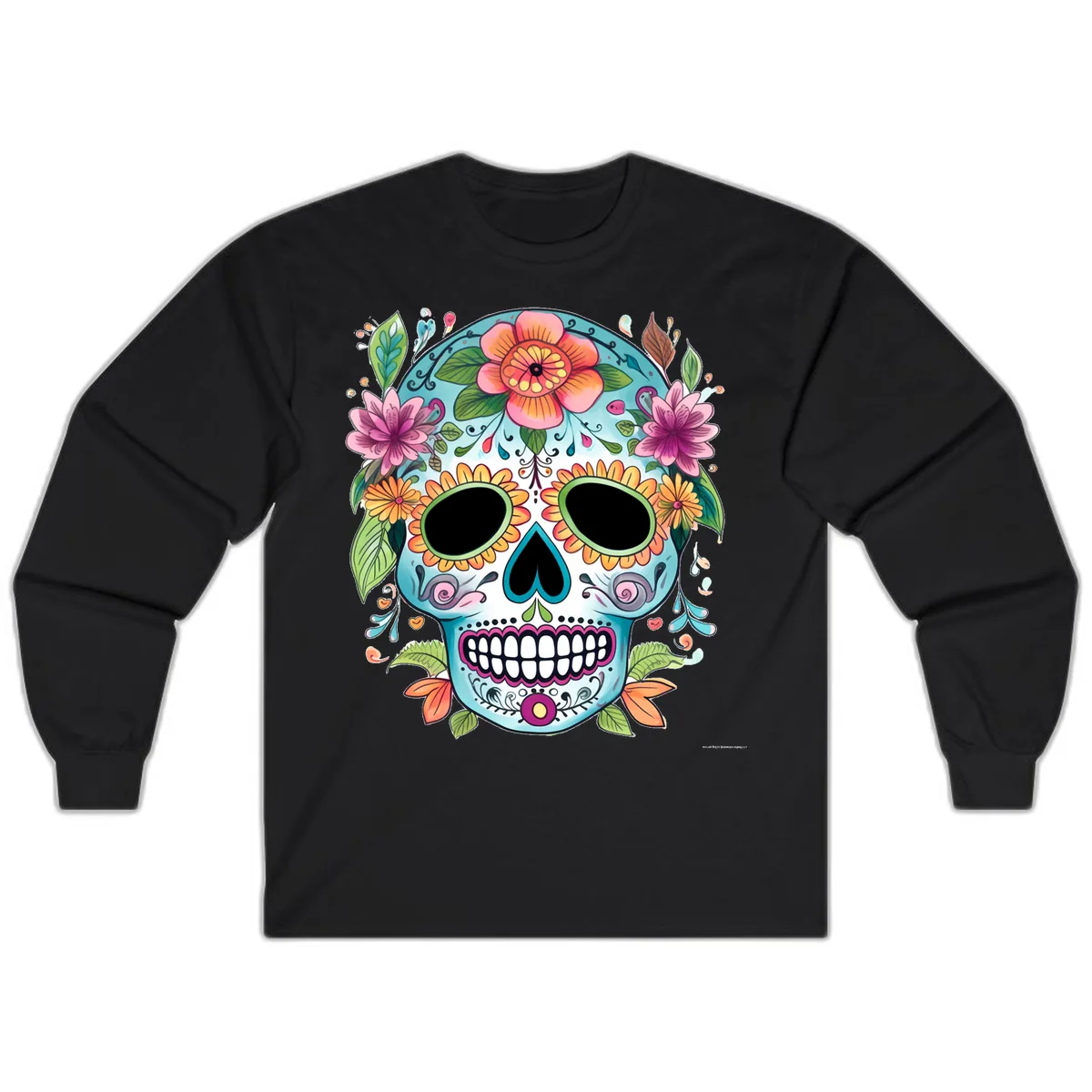 Vibrant Floral Calavera Skull Celebration Long Sleeve in Black