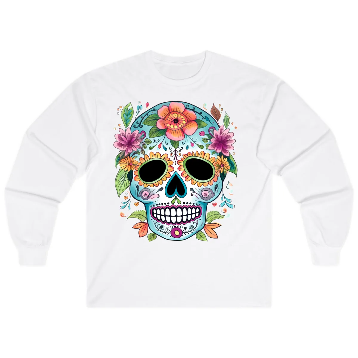 Vibrant Floral Calavera Skull Celebration Long Sleeve in White