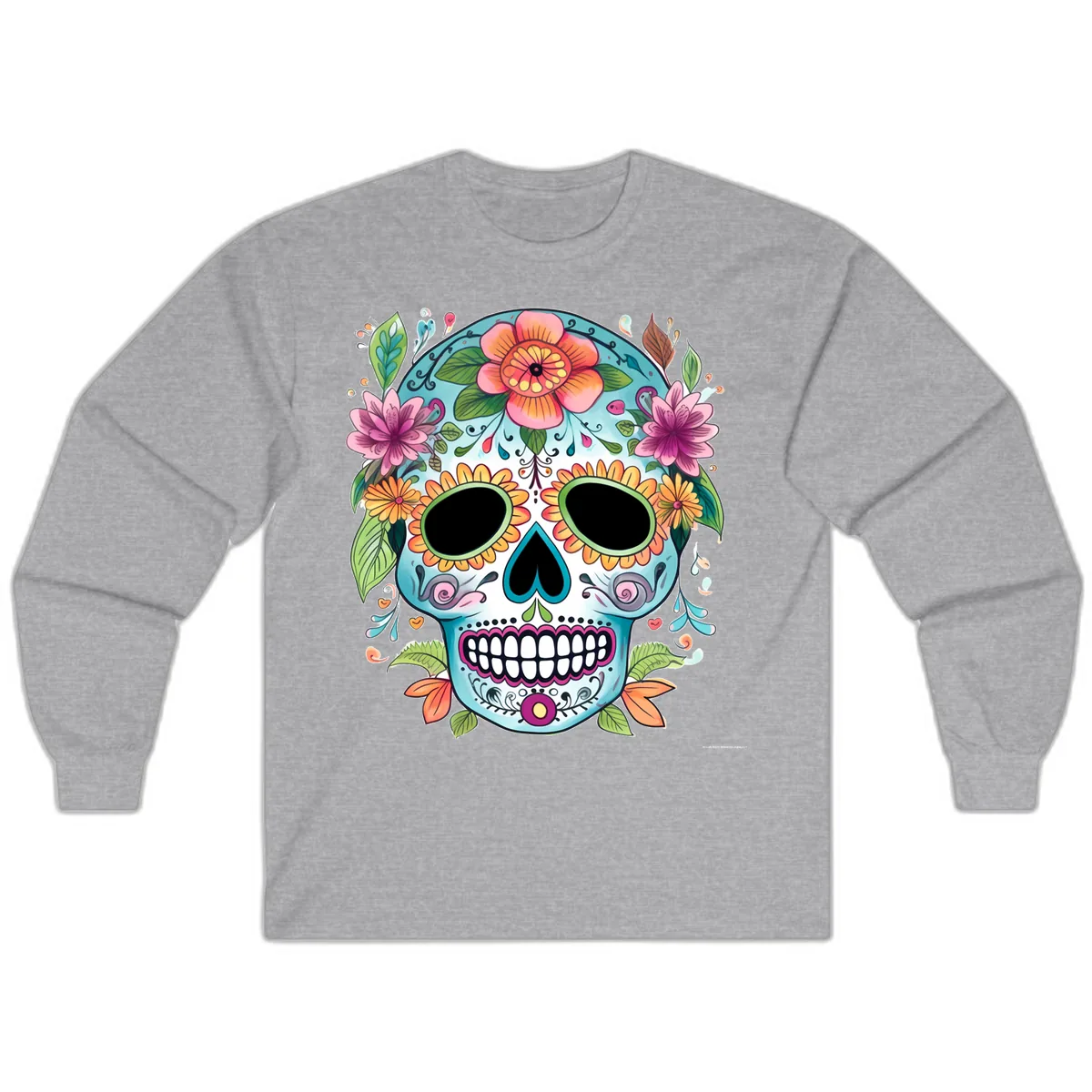 Vibrant Floral Calavera Skull Celebration Long Sleeve in Sport Grey