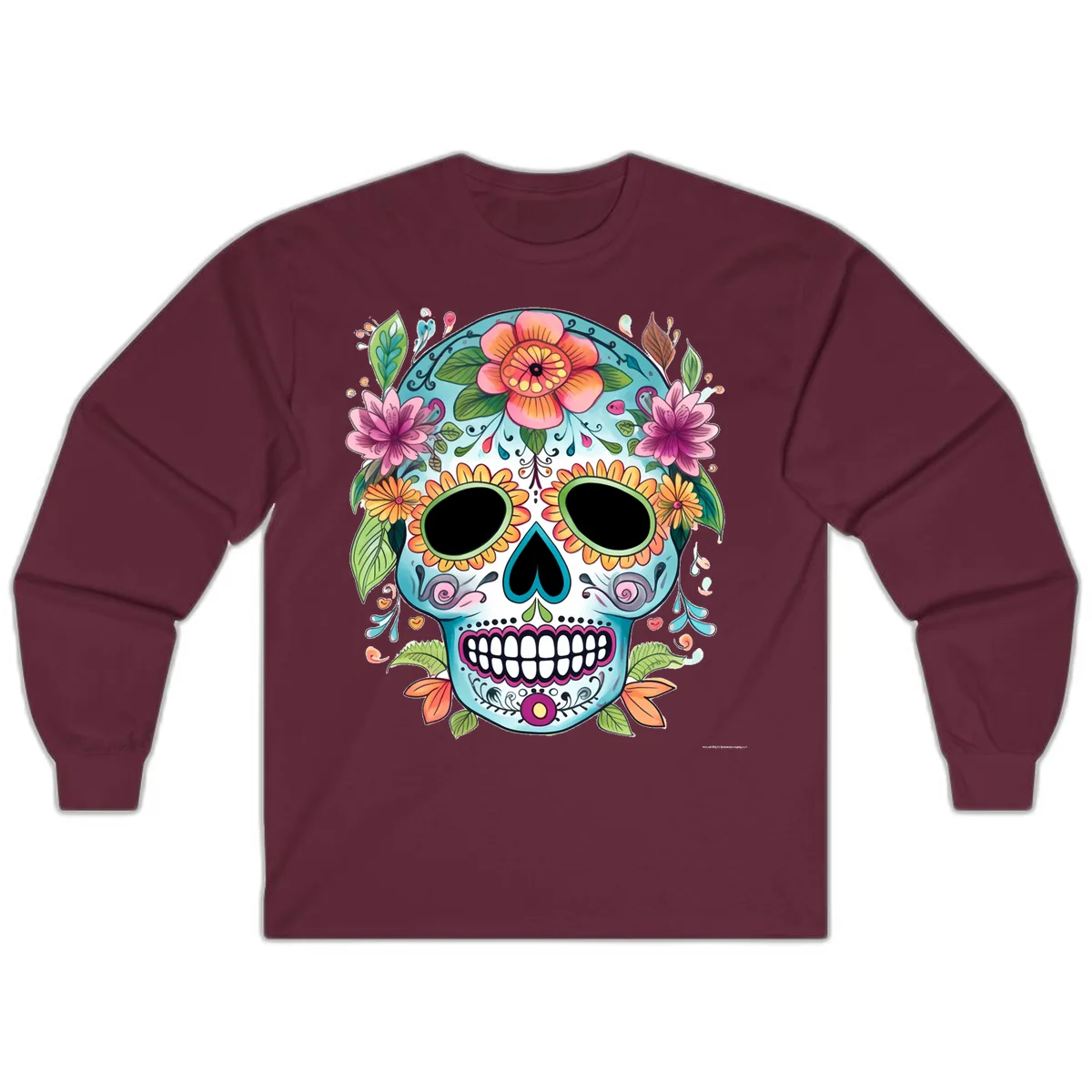 Vibrant Floral Calavera Skull Celebration Long Sleeve in Maroon