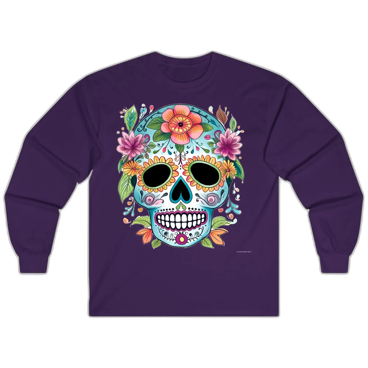 Vibrant Floral Calavera Skull Celebration Long Sleeve in Purple