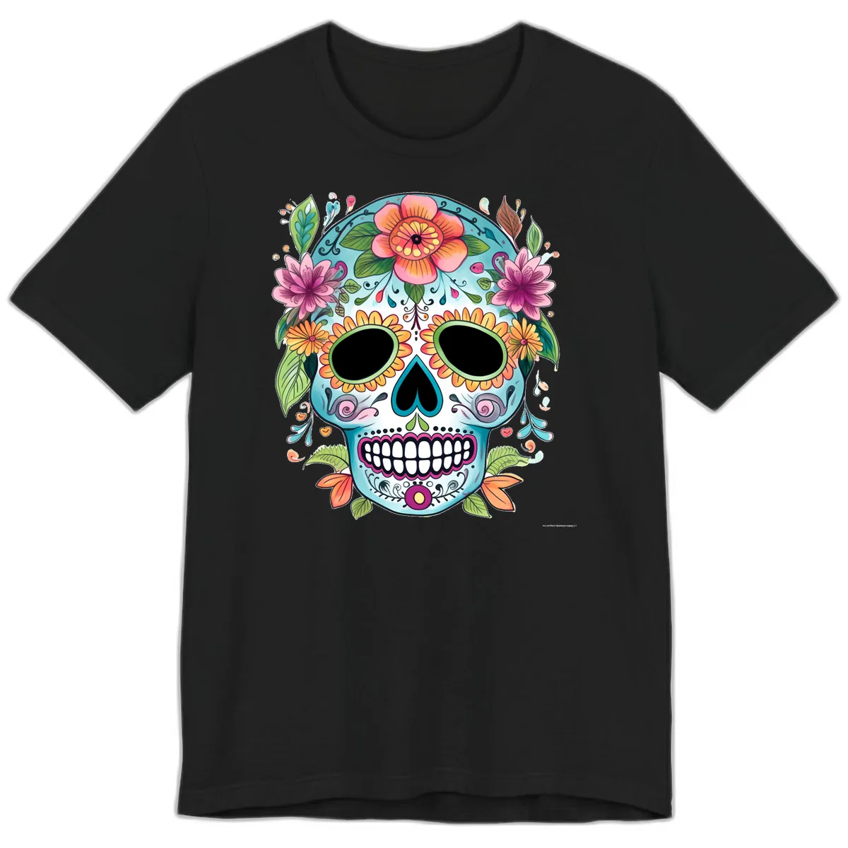 Vibrant Floral Calavera Skull Celebration Premium T-Shirt in Black