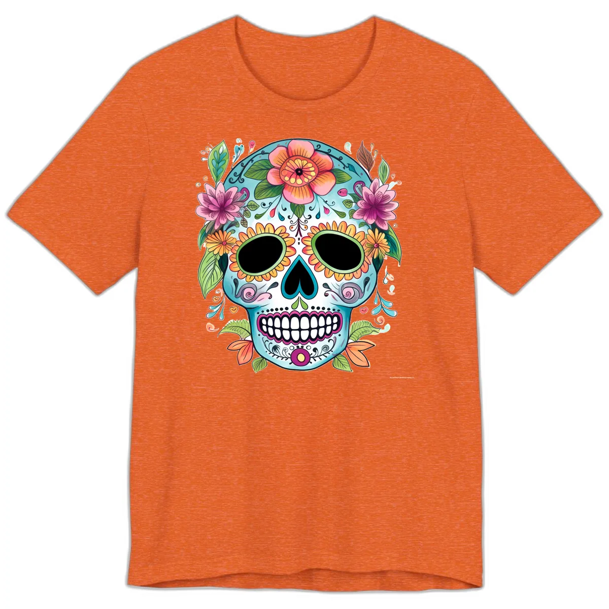 Vibrant Floral Calavera Skull Celebration Premium T-Shirt in Heather Orange
