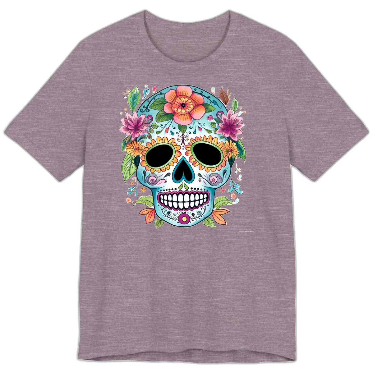 Vibrant Floral Calavera Skull Celebration Premium T-Shirt in Heather Purple